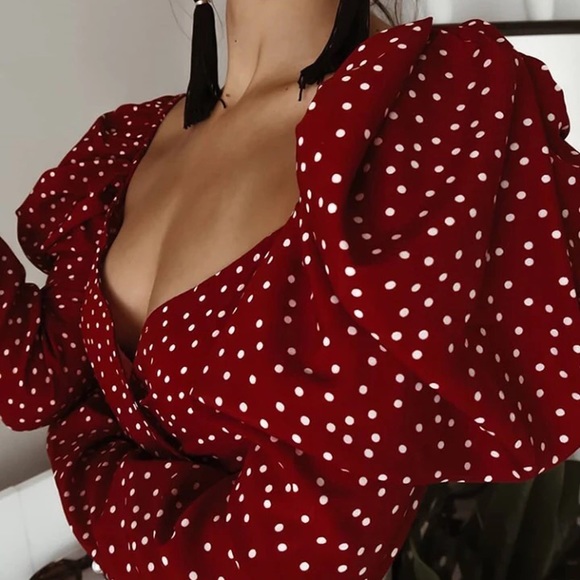 Puff sleeve crop top blouse shirt polka dot red top shirt open back tie - Picture 6 of 6